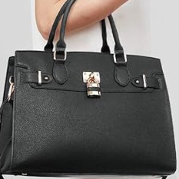 Neiman Marcus Dasein Women Black Vegan Leather Lock Style Top Handle Bag - Picture 3 of 4